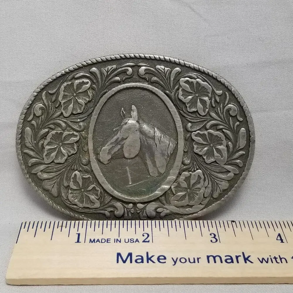 Belt Buckle 1974 Horse Head Flowers Rope Edge Oval Shape Western Cowboy Rodeo US